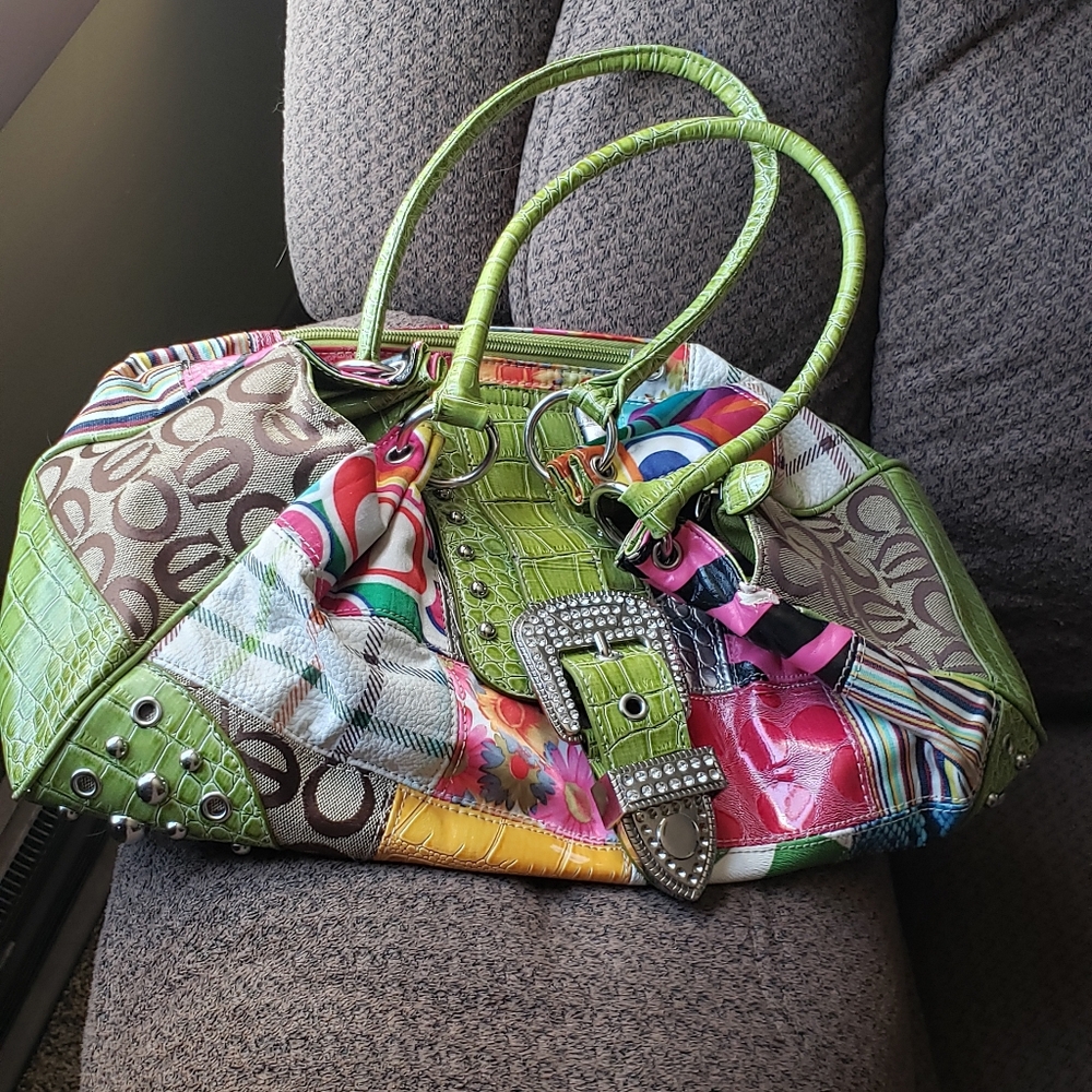Handbag Patchwork multi texture Lime green pink leopard great condition